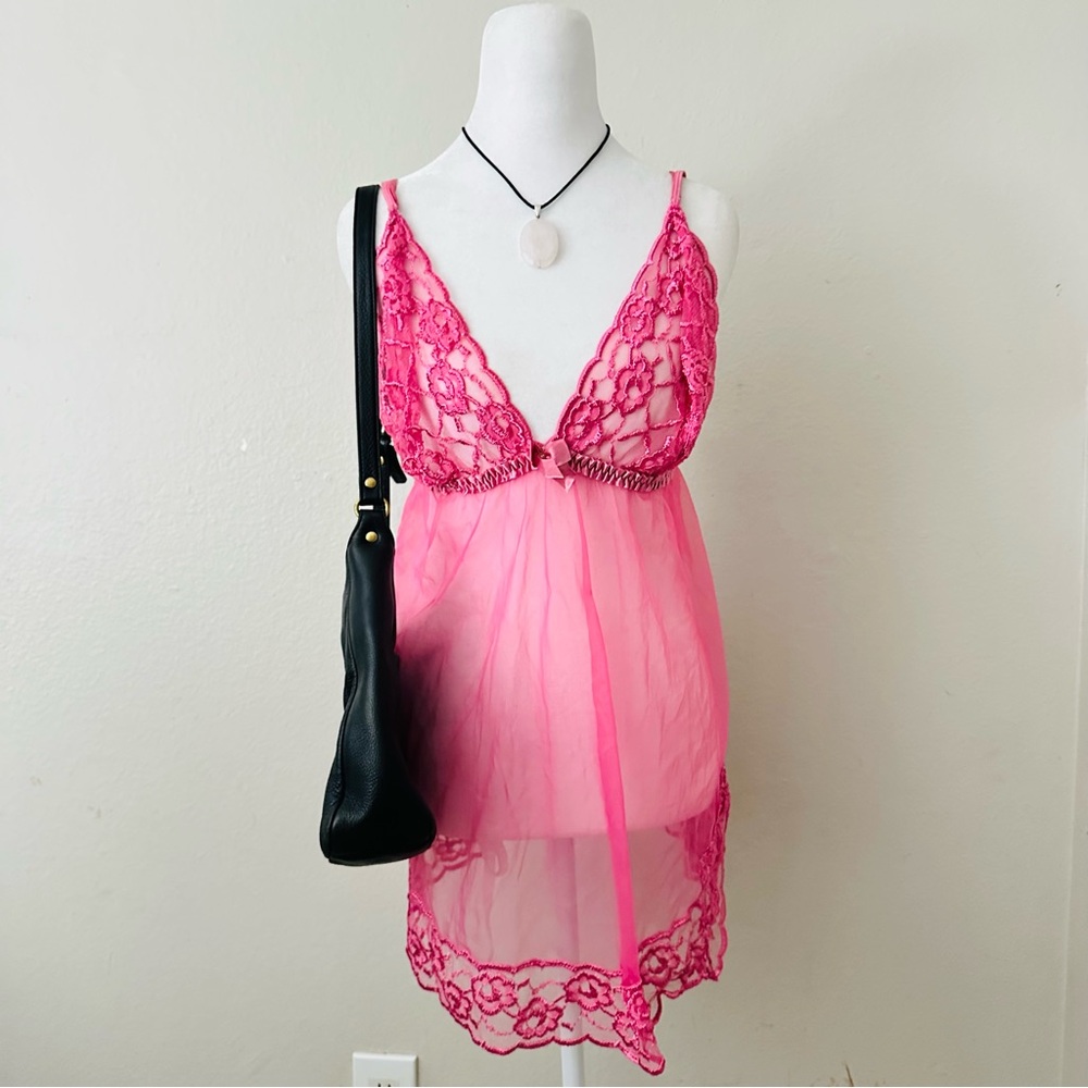 Frederick’s of Hollywood mauve pink lace mesh sheer babydoll lingire mini dress